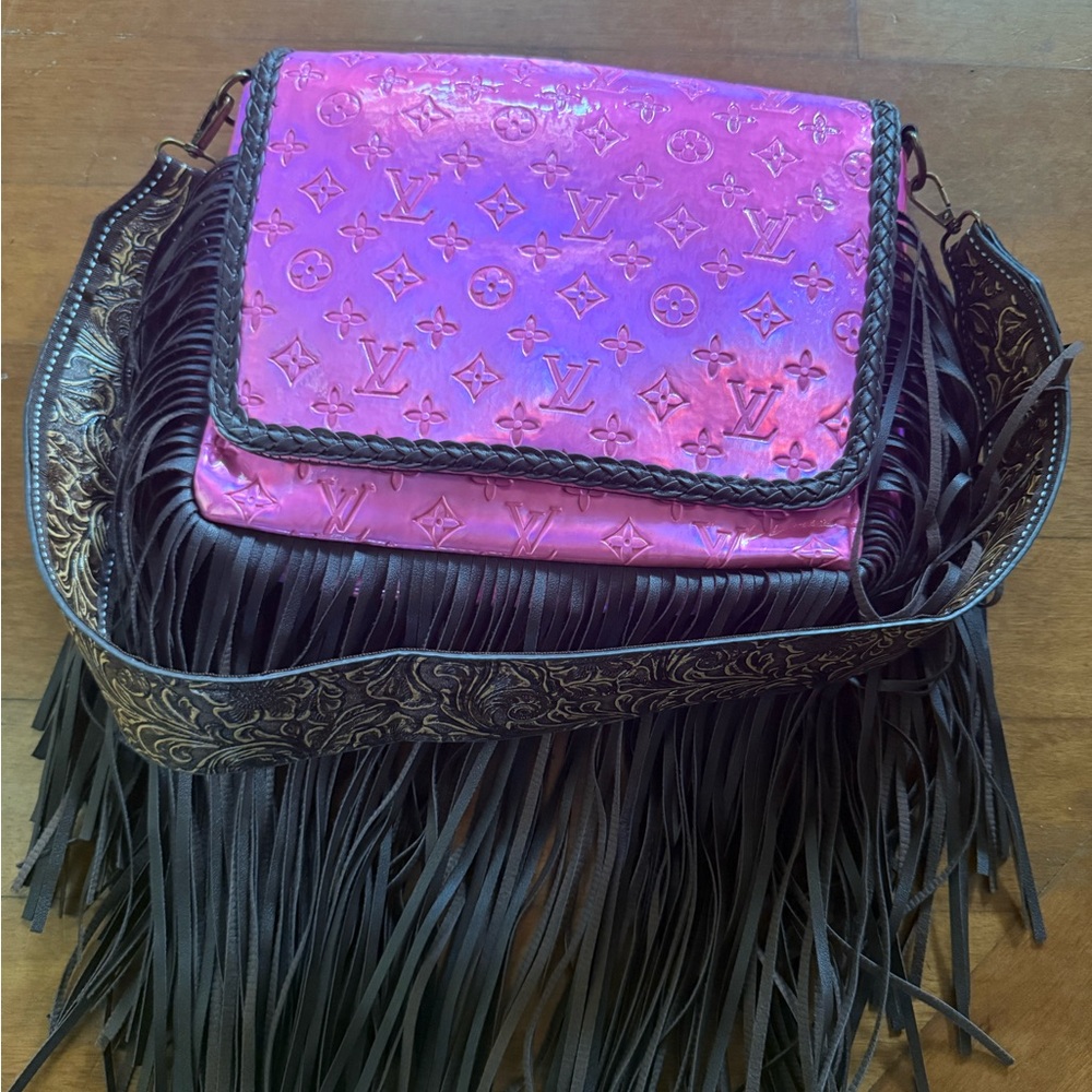 Pink and Brown Fringe Bag